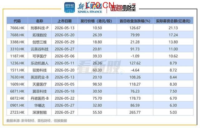 2026年5月港股部分新股上市表现数据表