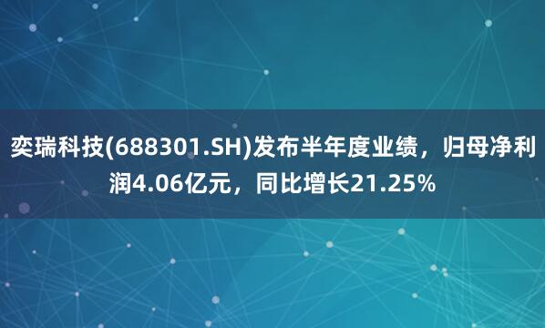 奕瑞科技(688301.SH)发布半年度业绩，归母净利润4.06亿元，同比增长21.25%